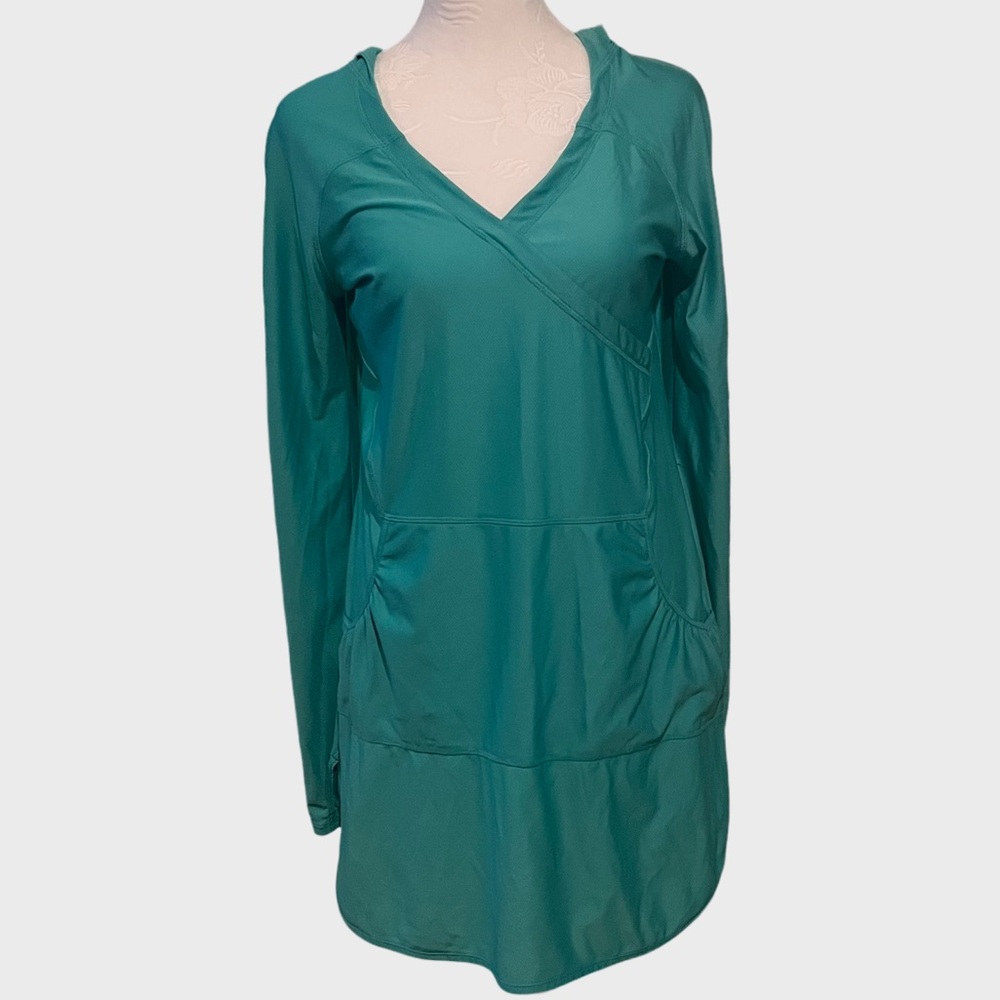 ATHLETA Athletic Teal Green Swim Cover Up W/Hood, Size M. String is missing